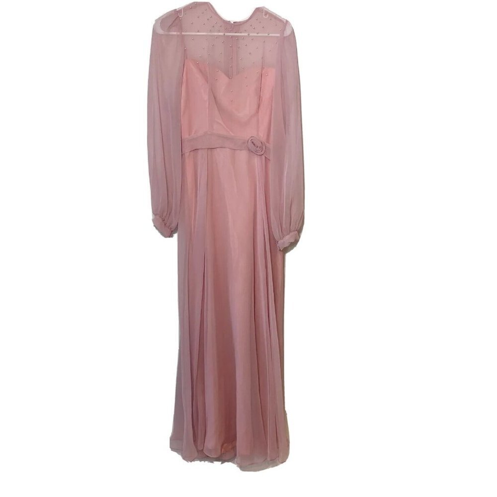 Vintage 70s 80s Chiffon‎ Maxi Sweetheart Beaded Dress Pink 12 Bishop Sleeve USA